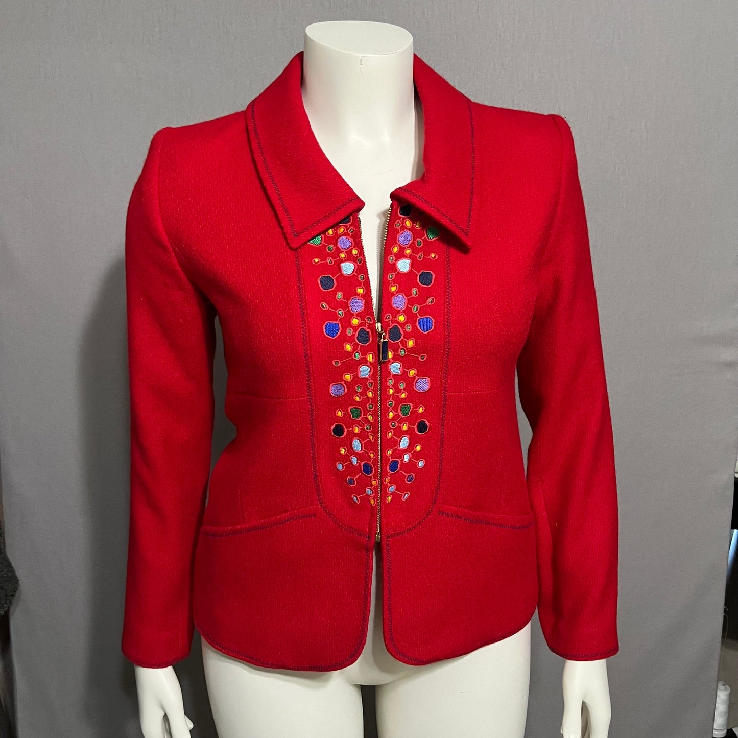 Bloomingdales Red With Multicolored Embroidery Artsy Wool Blazer Sz-8 Petite