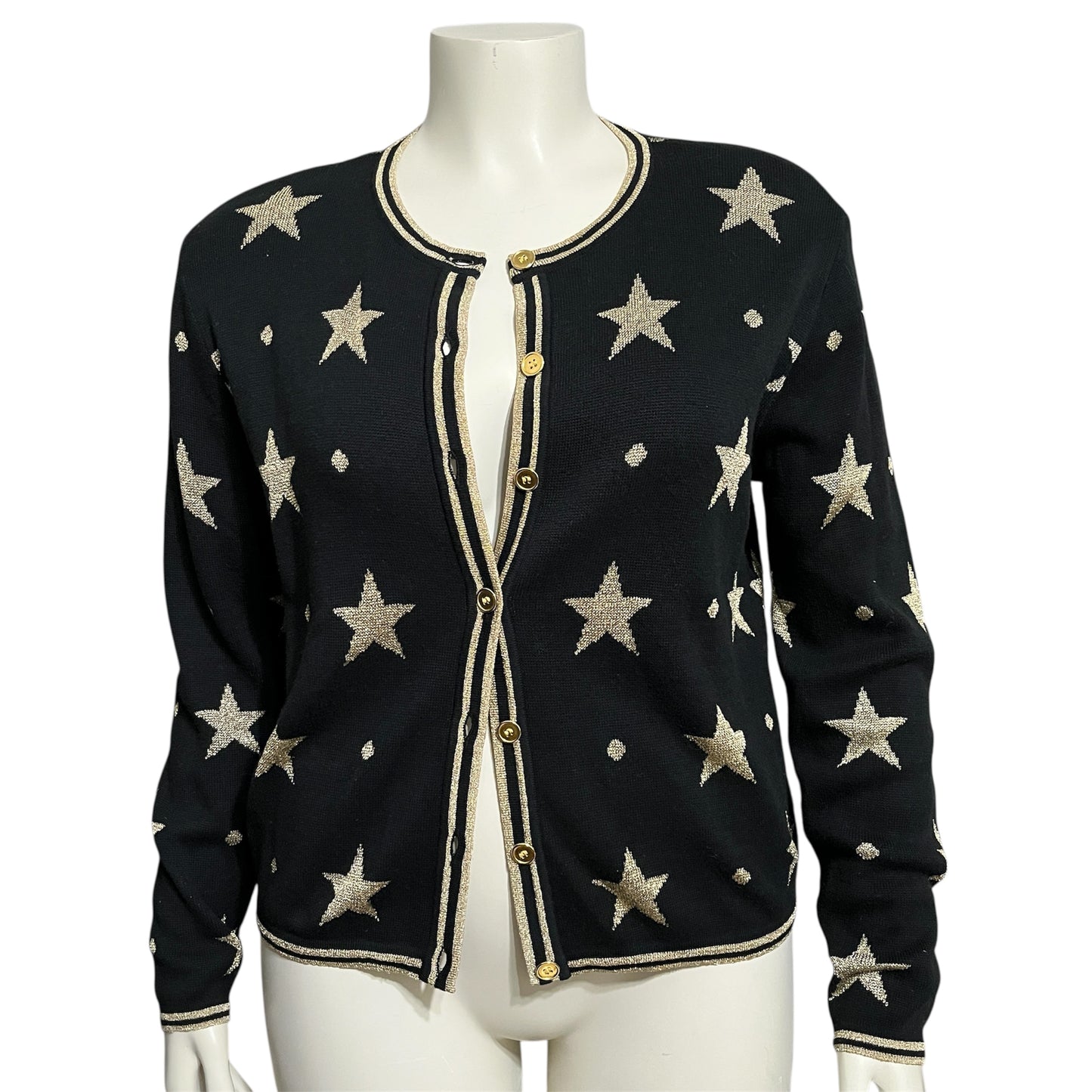 Vintage Holiday Black Cardigan with Gold Star Pattern