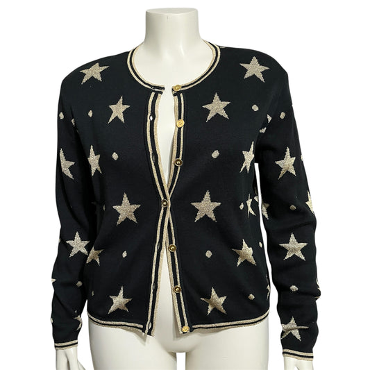 Vintage Holiday Black Cardigan with Gold Star Pattern