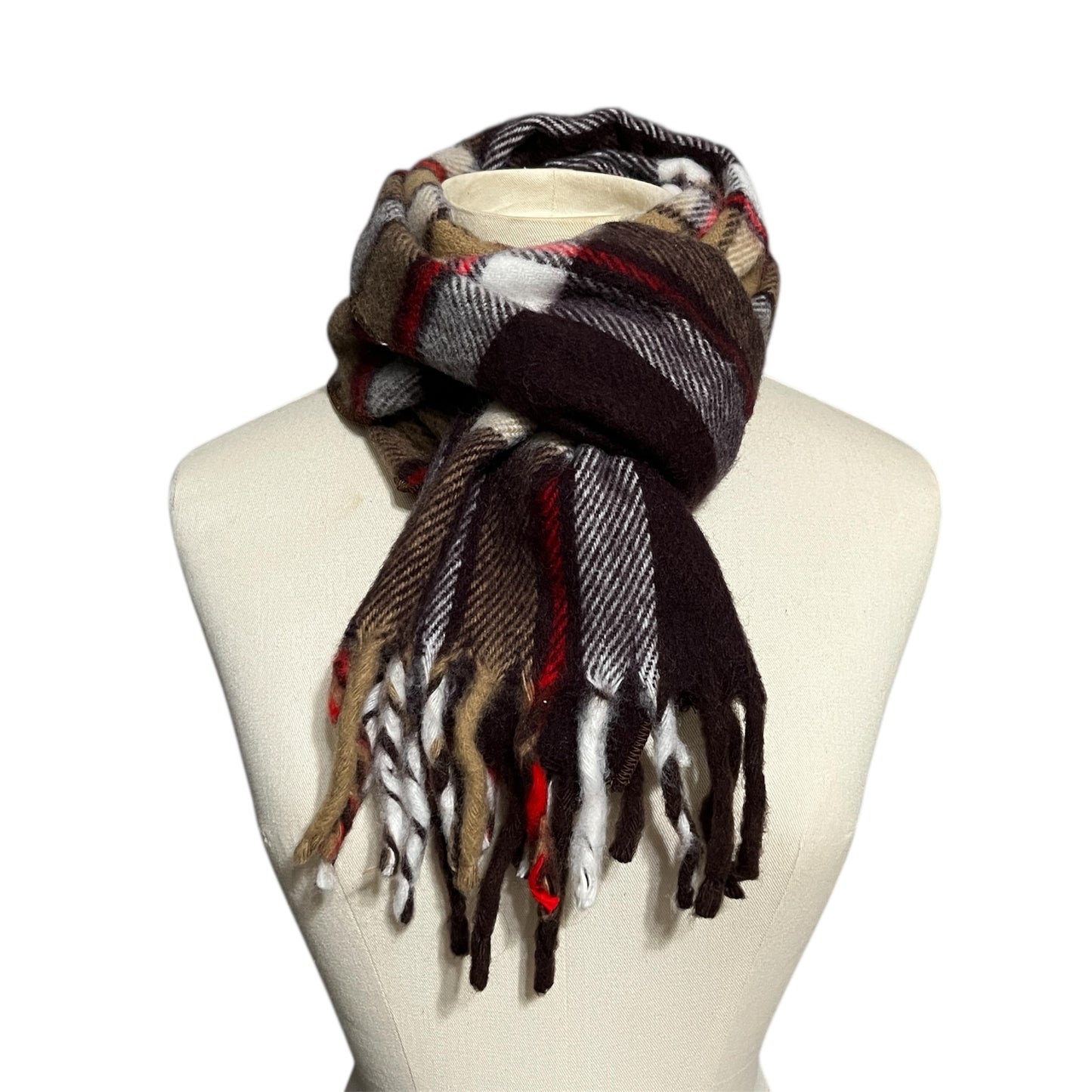 Plaid Brown Red Soft Scarf With Fringe