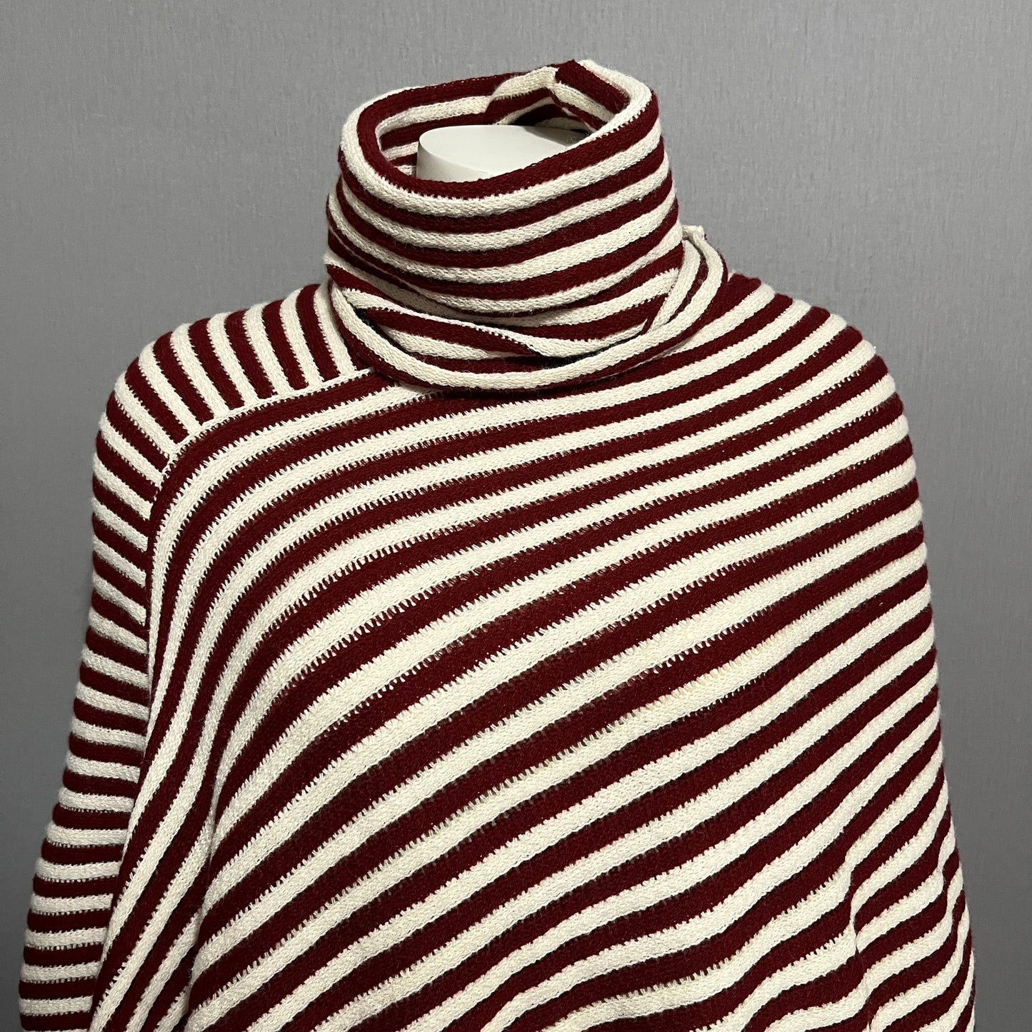 Striped Maroon Turtleneck Pullover Poncho Fringed Sweater Sz-One Size