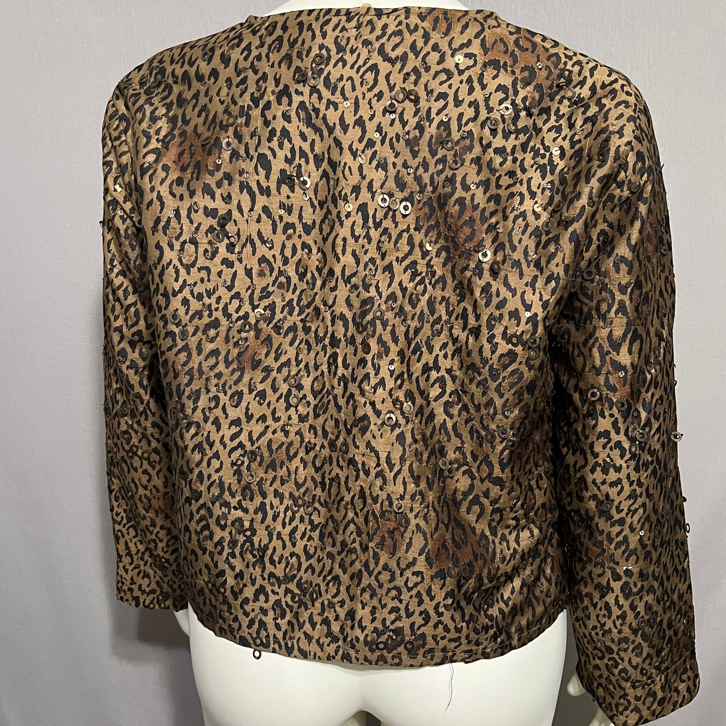 Chicos Blazer Jacket Leopard 100% Silk Brown Sequins Blazer Sz-Large