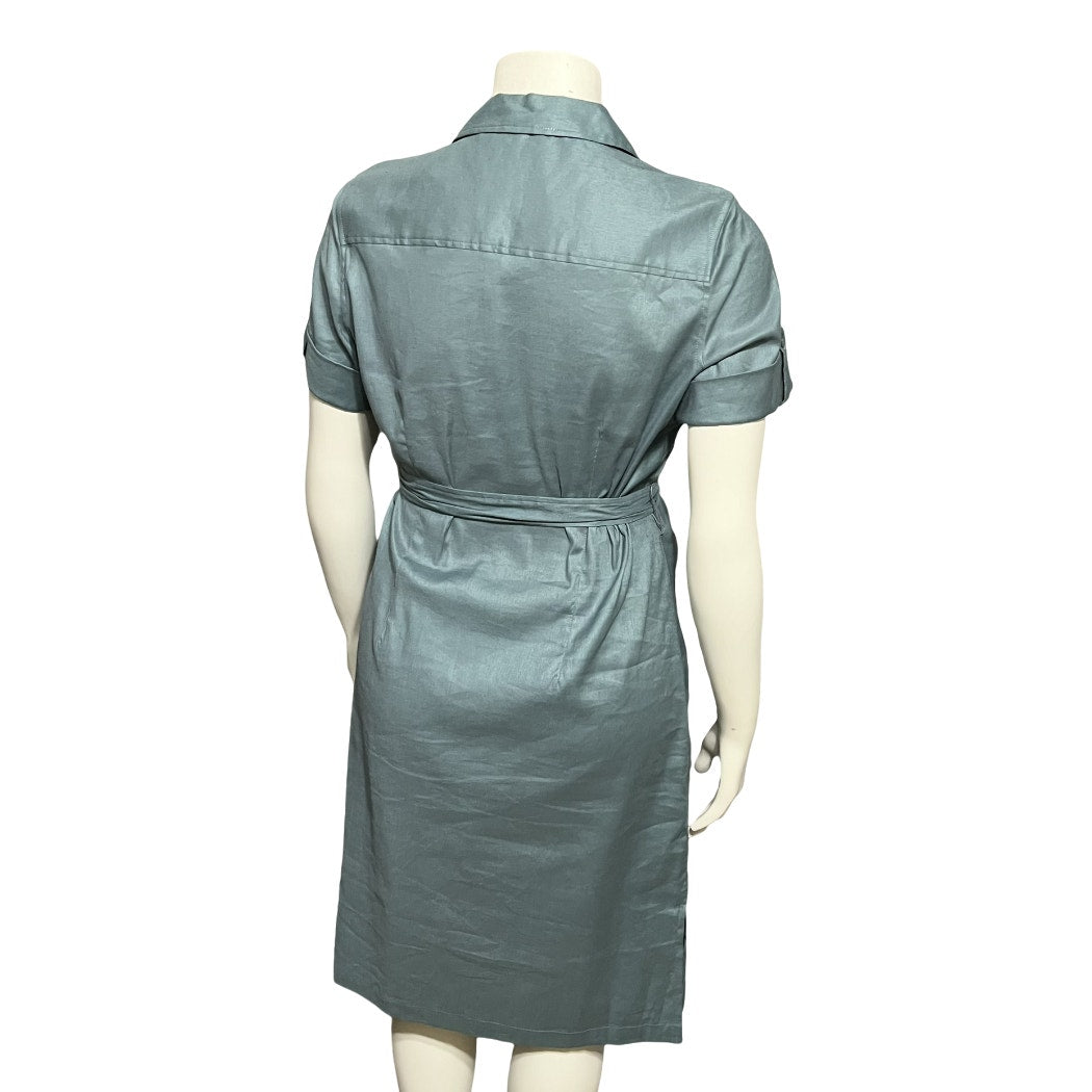 Apostrophe Green Half Button Tie Linen/Cotton Blend Waist Midi Shirt Dress Sz-12