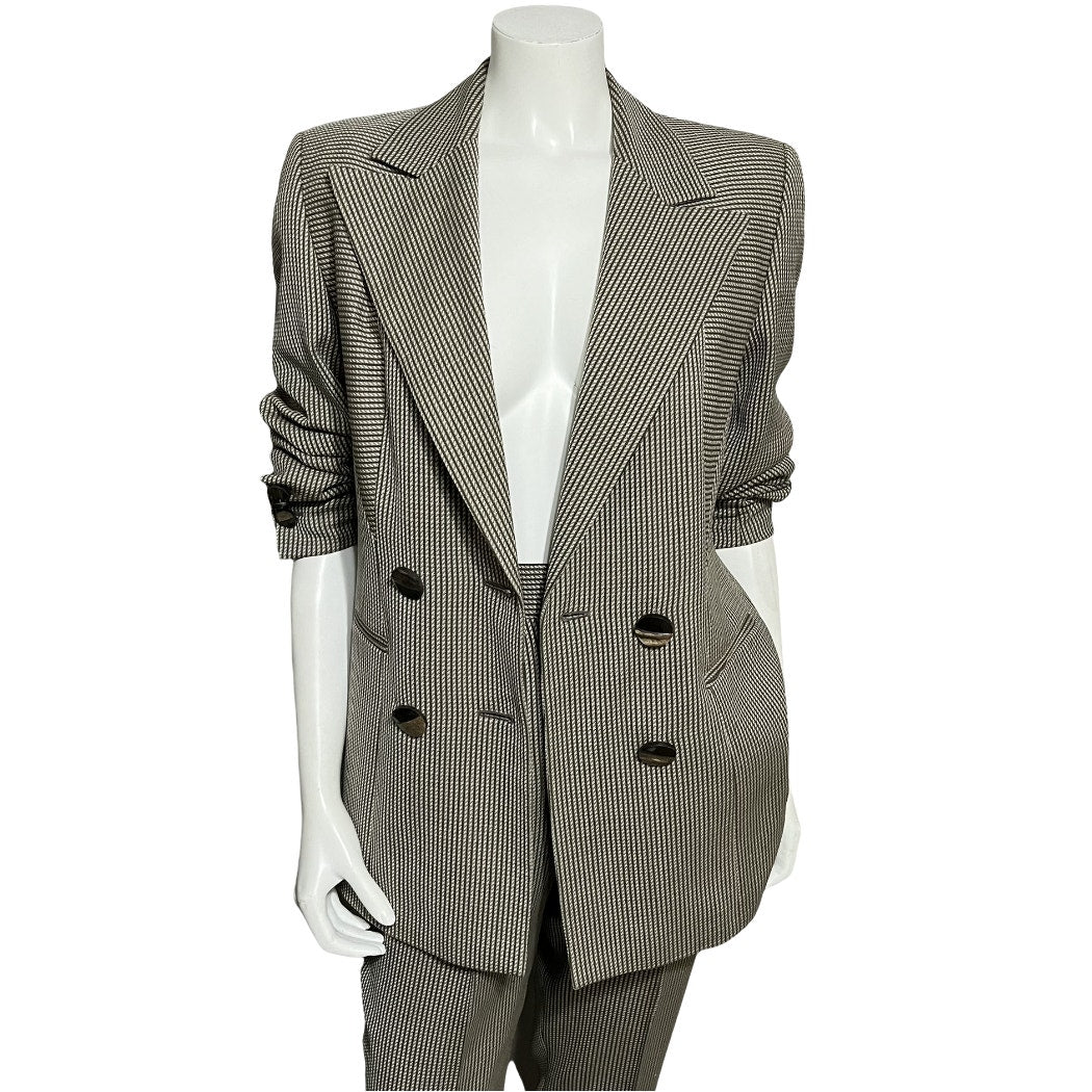 Escada 100% Wool Taupe Grid Print 2Pc Pant Suit Set Sz-38 US Small/Med