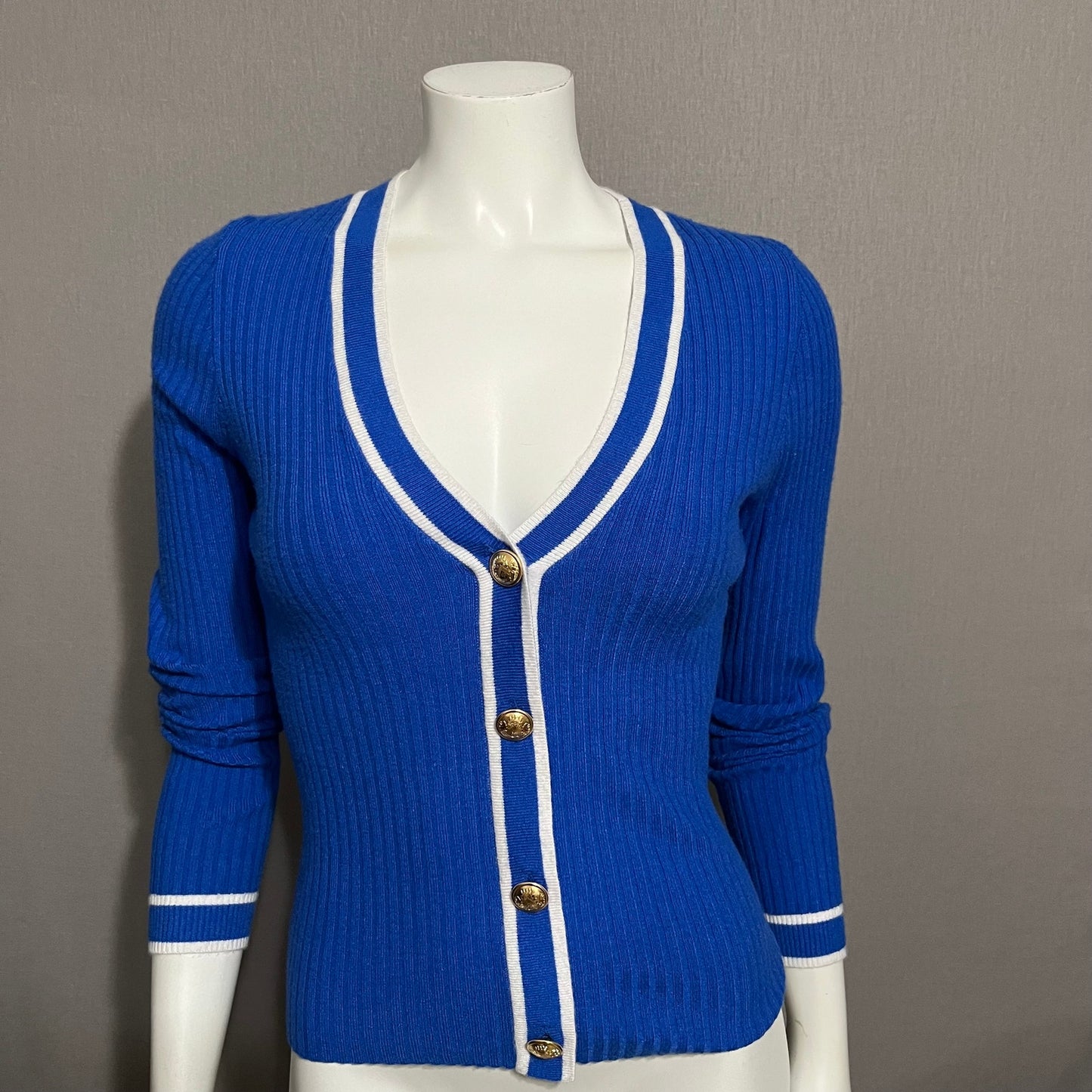 Express Blue Ribbed Knit V-Neck Gold Buttons Pullover Sweater Sz-Small