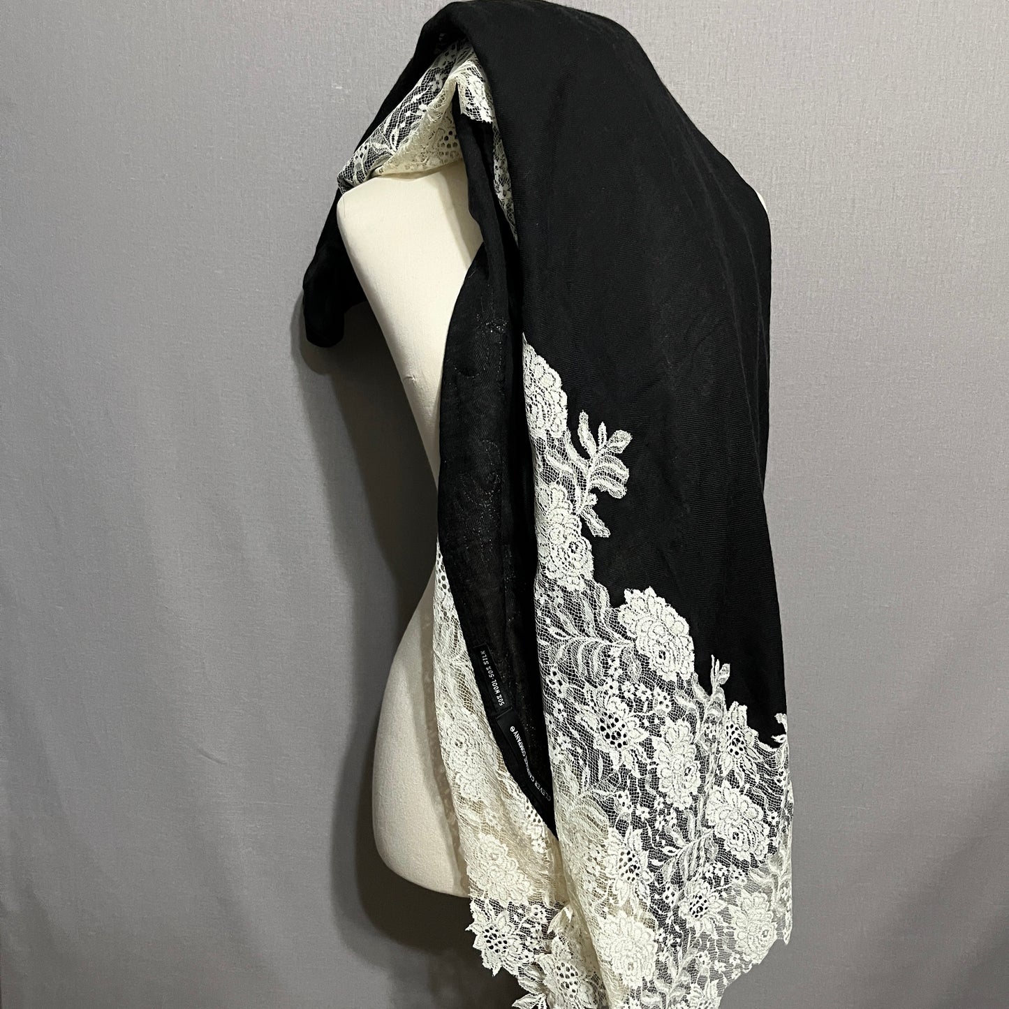 Clever Carriage Company Black and White Lace Wool Silk Scarf