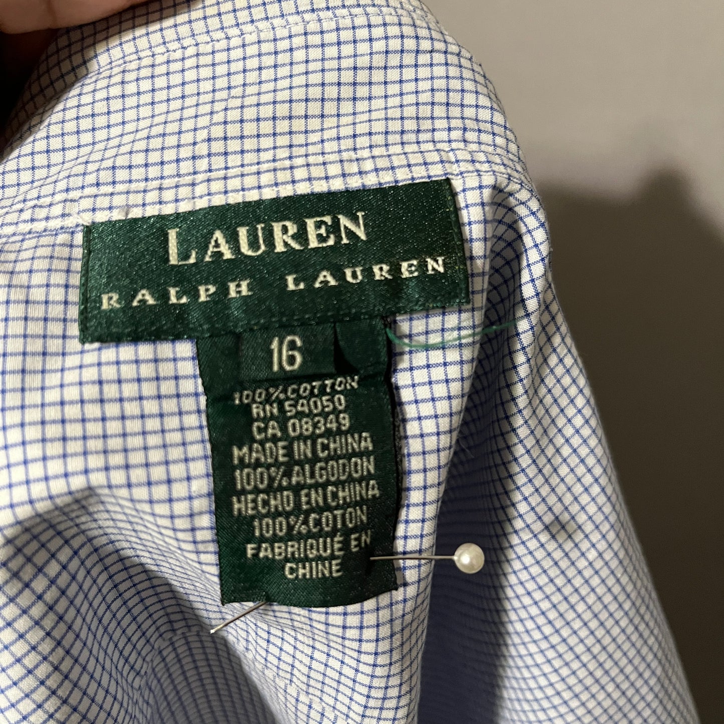 Lauren Ralph Lauren 100% Cotton Blue Checkered Print Shirt Sz-16