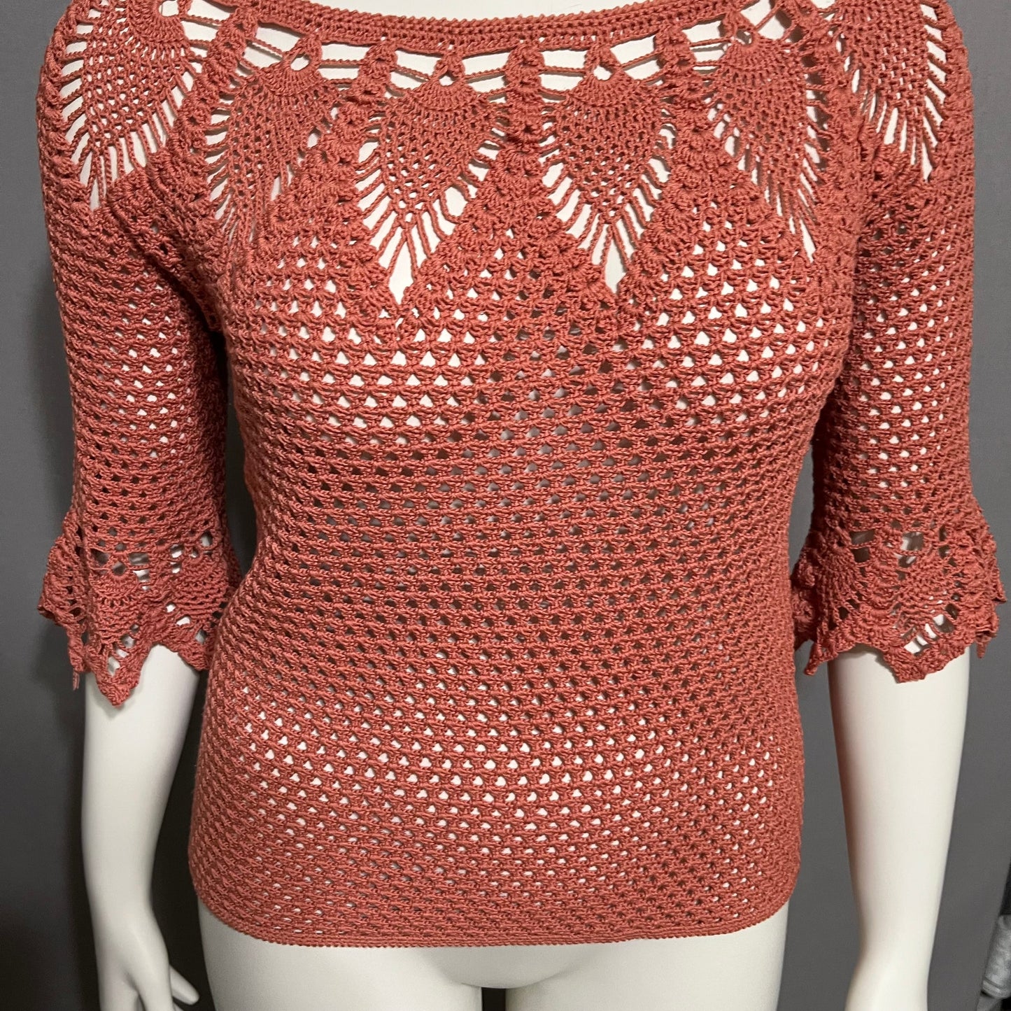 Vintage Rust Orange Open Knit 3/4 Sleeve Cut Out Sweater Sz-Medium