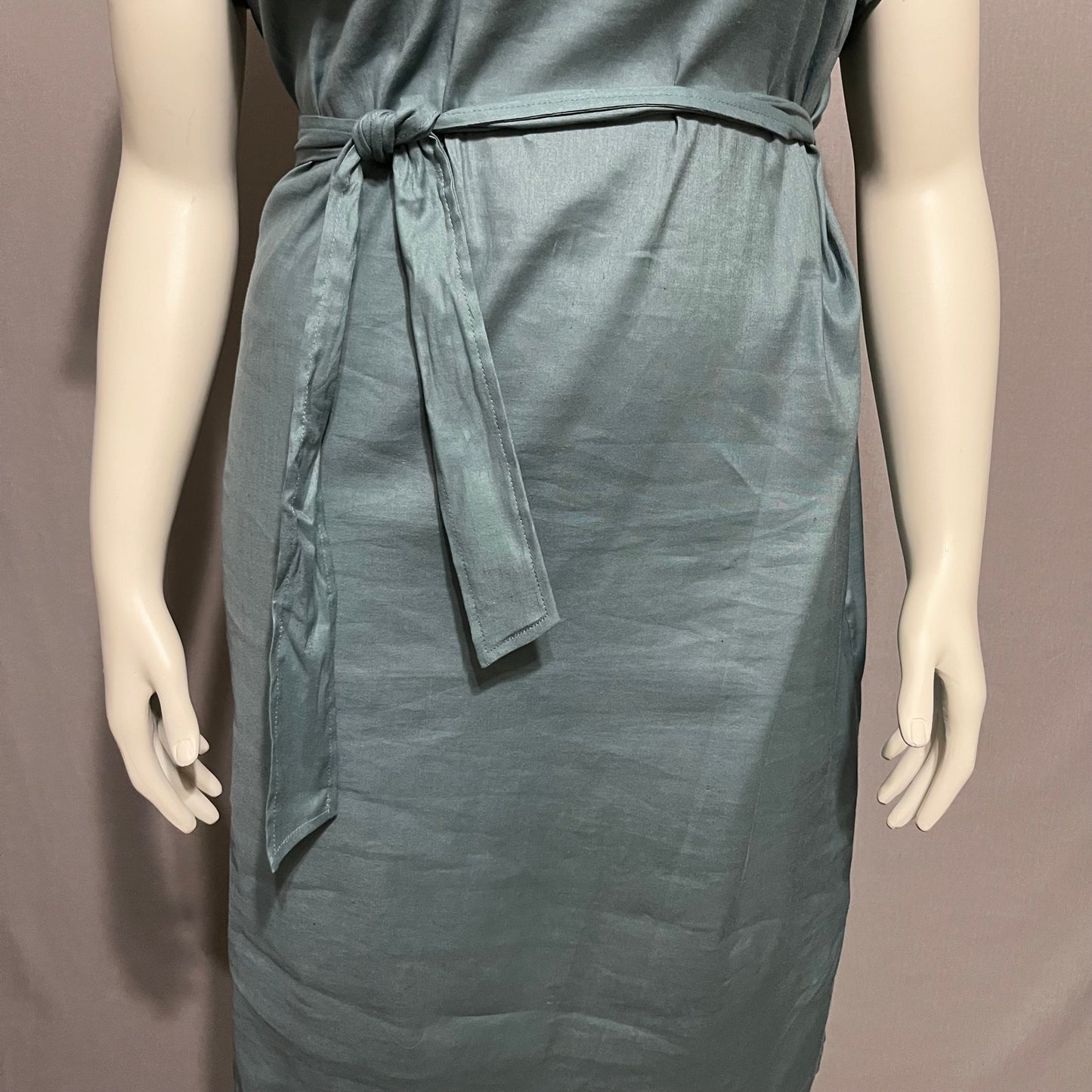 Apostrophe Green Half Button Tie Linen/Cotton Blend Waist Midi Shirt Dress Sz-12