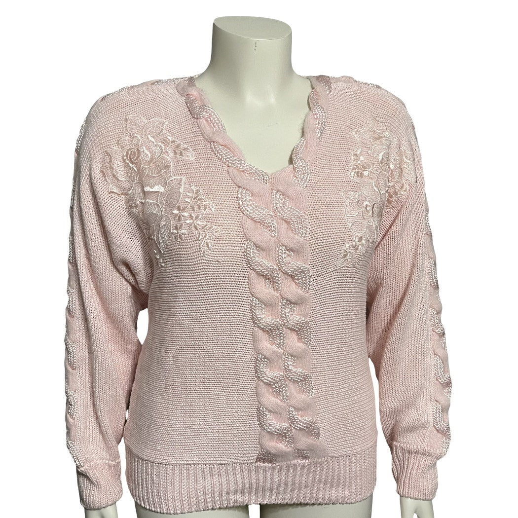 Vintage Angenie Pink Braided V-Neck Floral Applique Sweater Sz-Medium