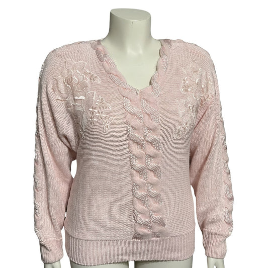 Vintage Angenie Pink Braided V-Neck Floral Applique Sweater Sz-Medium