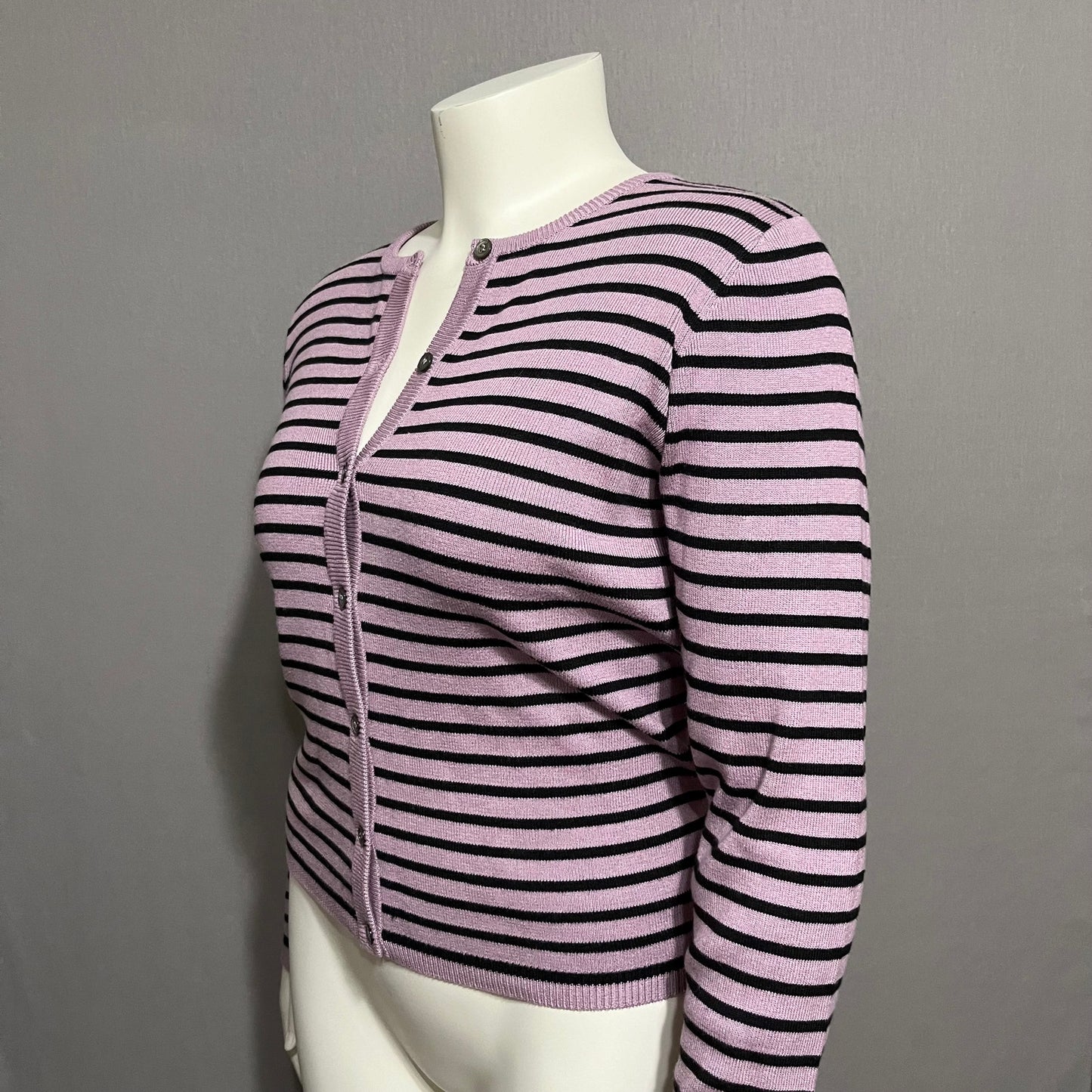 Karen Kane Lavender Striped Cotton Blend Knit Button Front Cardigan Sz-Medium