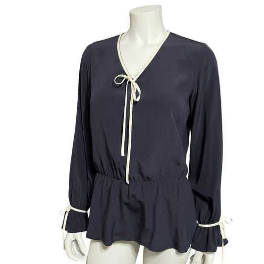 Doncaster Navy 100% Silk Career Blouse Secretary Sz-SMALL