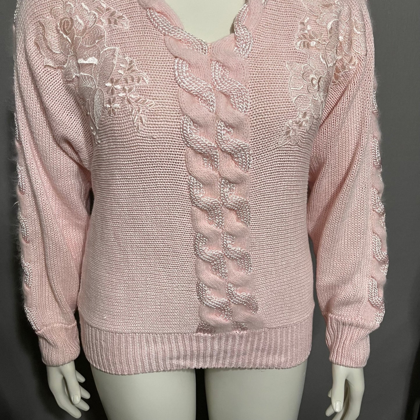 Vintage Angenie Pink Braided V-Neck Floral Applique Sweater Sz-Medium