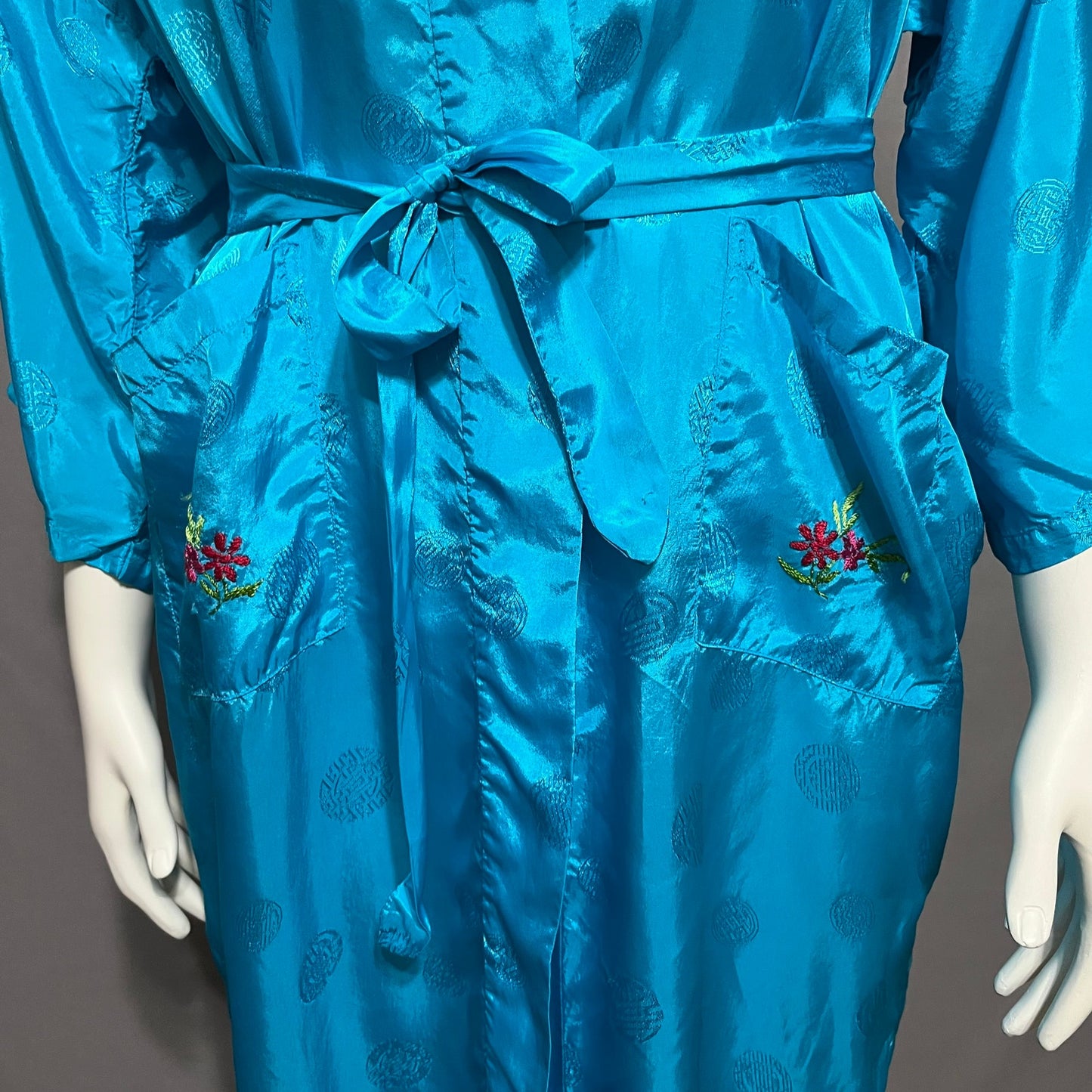 Vintage Golden Bee Embroidered Bird Print Turquoise Robe Sz-Medium/Large