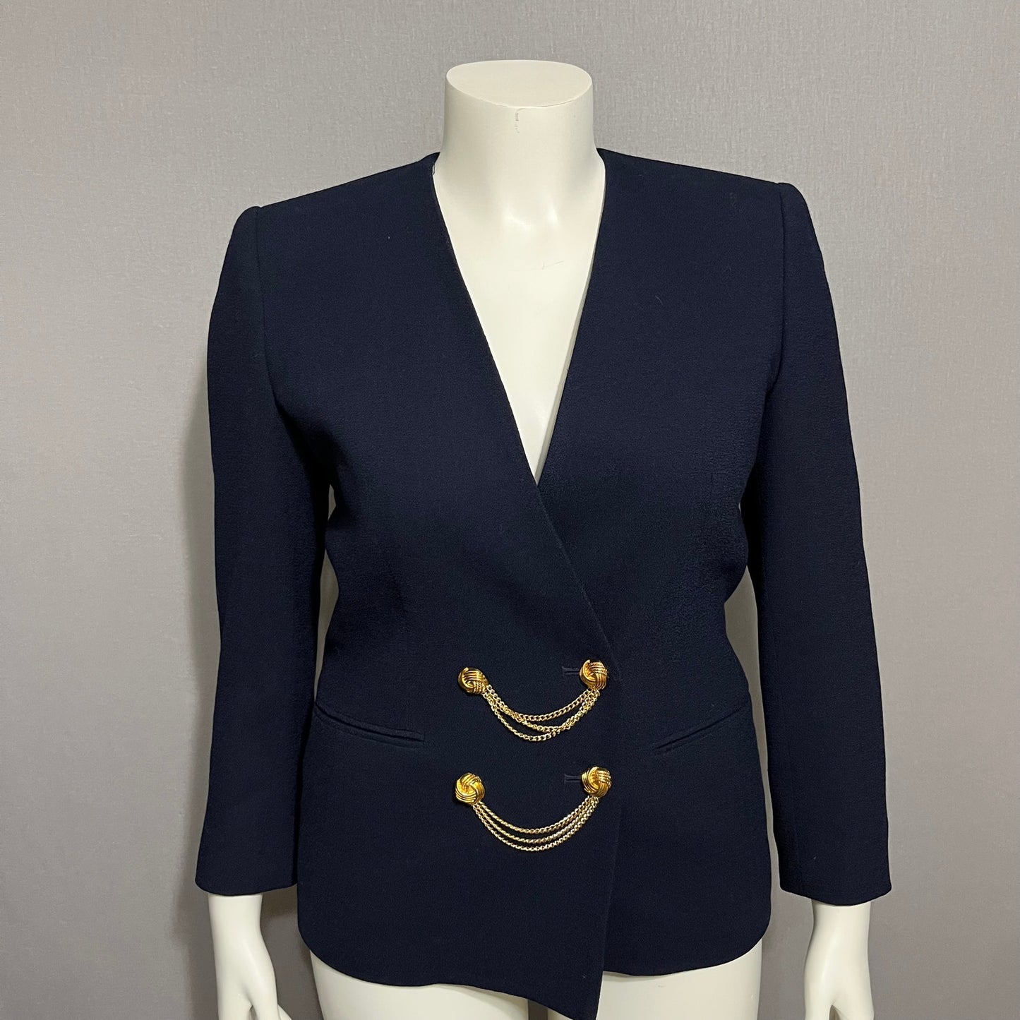 Kasper Navy Draped Gold Chain Collarless  Career Blazer Sz-6P