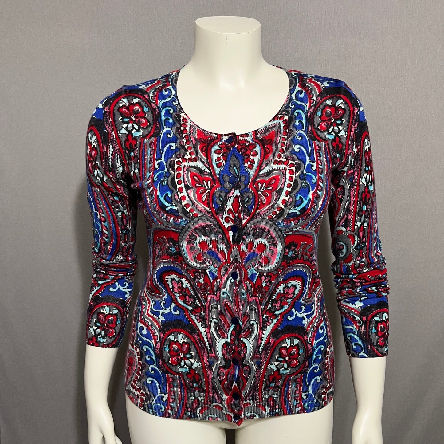 Talbots Women’s Cardigan 100% Merino Wool Paisley Print Sz-Medium