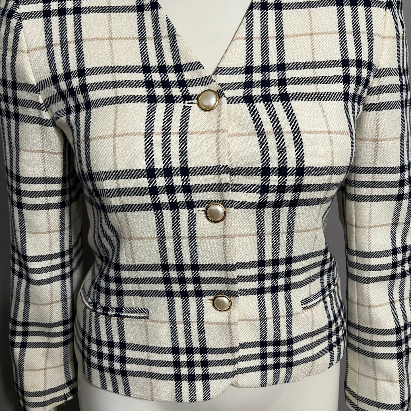 Liz Claiborne Cream and Black Plaid Blazer