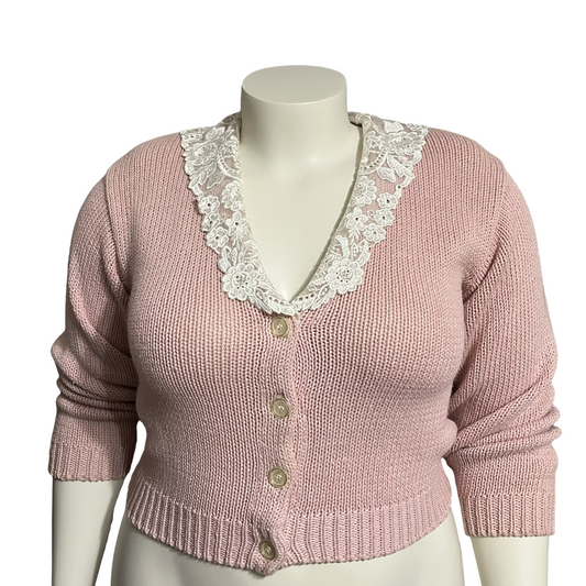 Vintage Chaus Light Pink Lace Collar Cardigan Sweater Petite