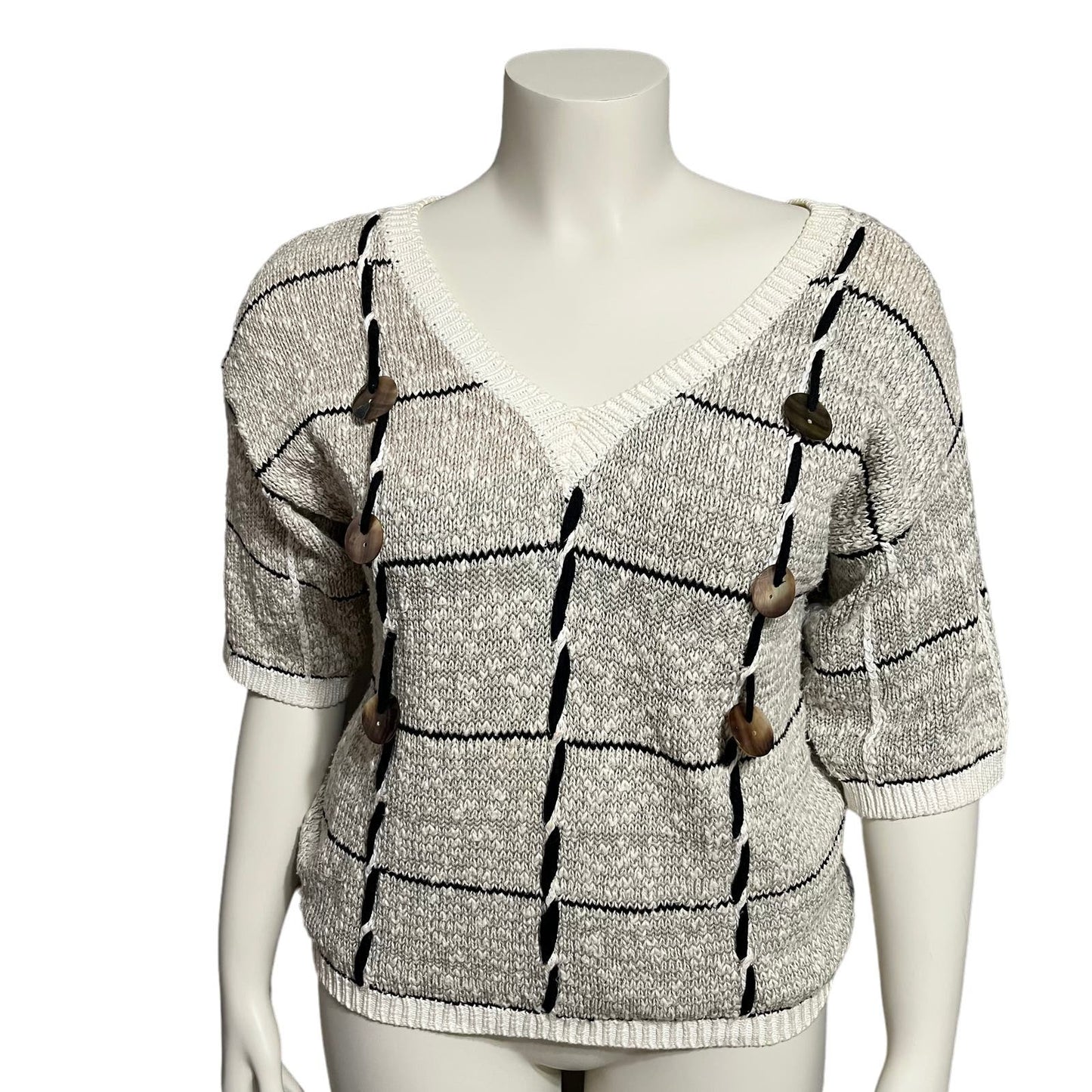 Mariea Kim Vintage Artsy Grid Print Cotton V-Neck Sweater Sz-Large