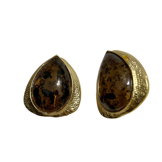 Gold and Brown Teardrop Clip On Earrings