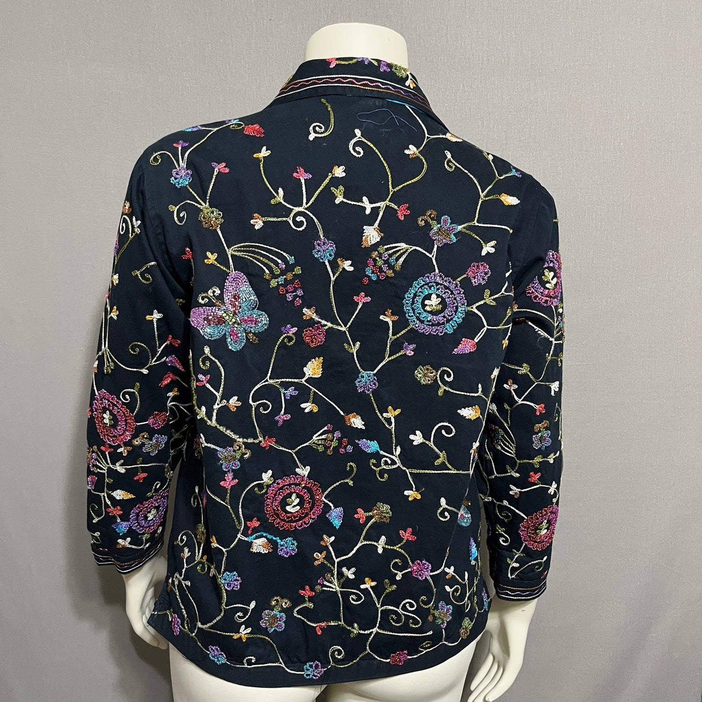 The Quacker Factory Beaded Embroidered Cotton Jacket Butterfly Floral Sz-Small