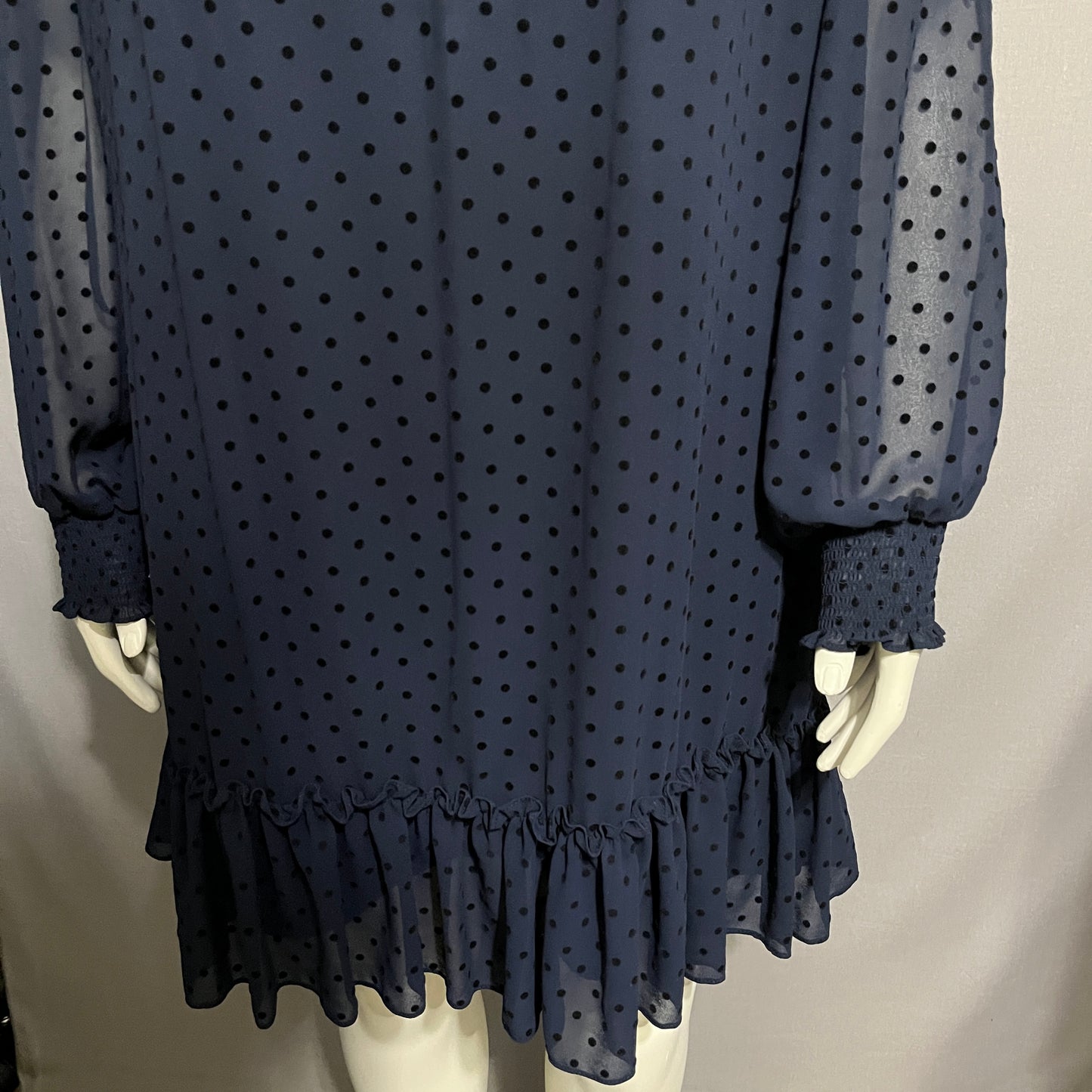 Navy Polka Dot High Neck Ruffle Hem Sheer Dress