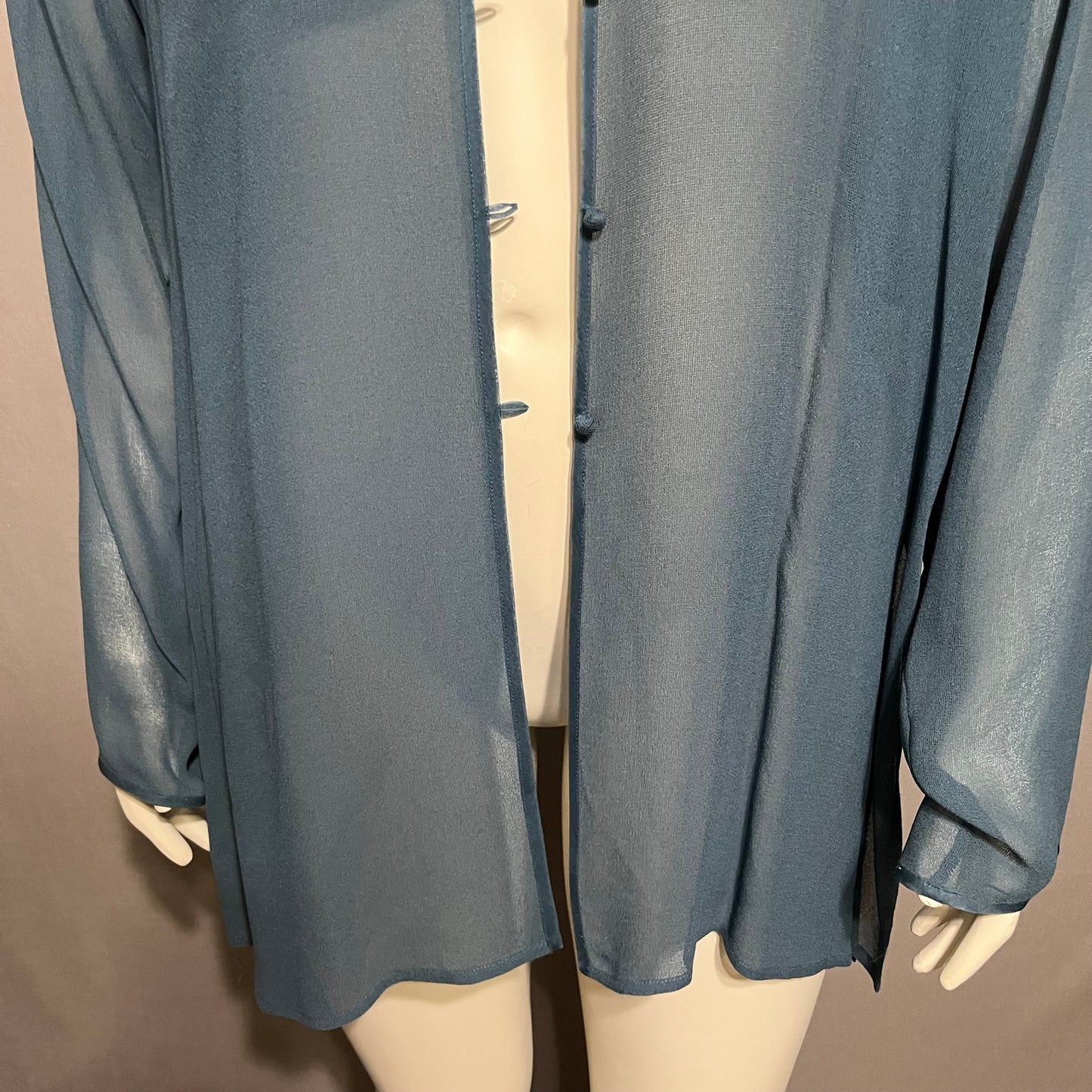 Eileen Fisher Teal 100% Silk Chiffon Sheer Button Front Blouse Sz-Large