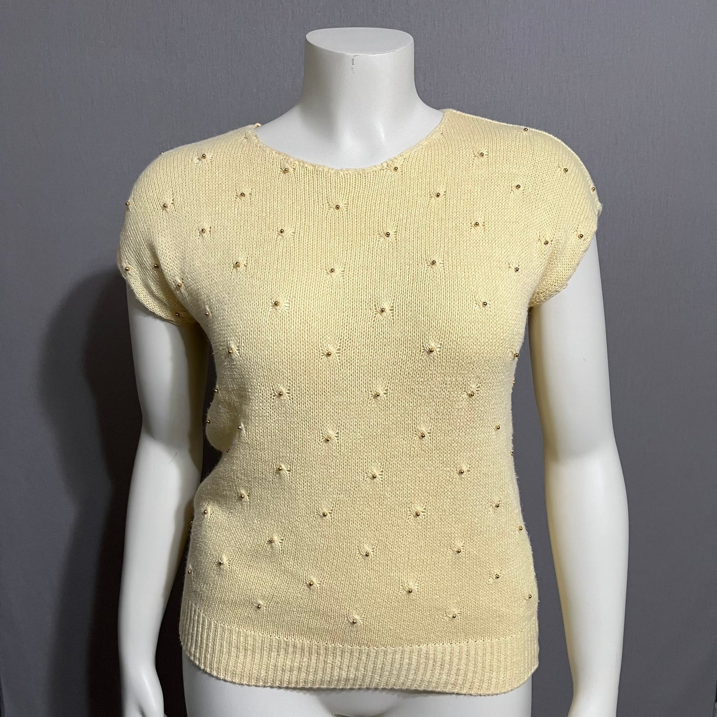 Career Connection Airy Yellow Pearl Beaded Cap Sleeve Pullover Sweater Sz-Large