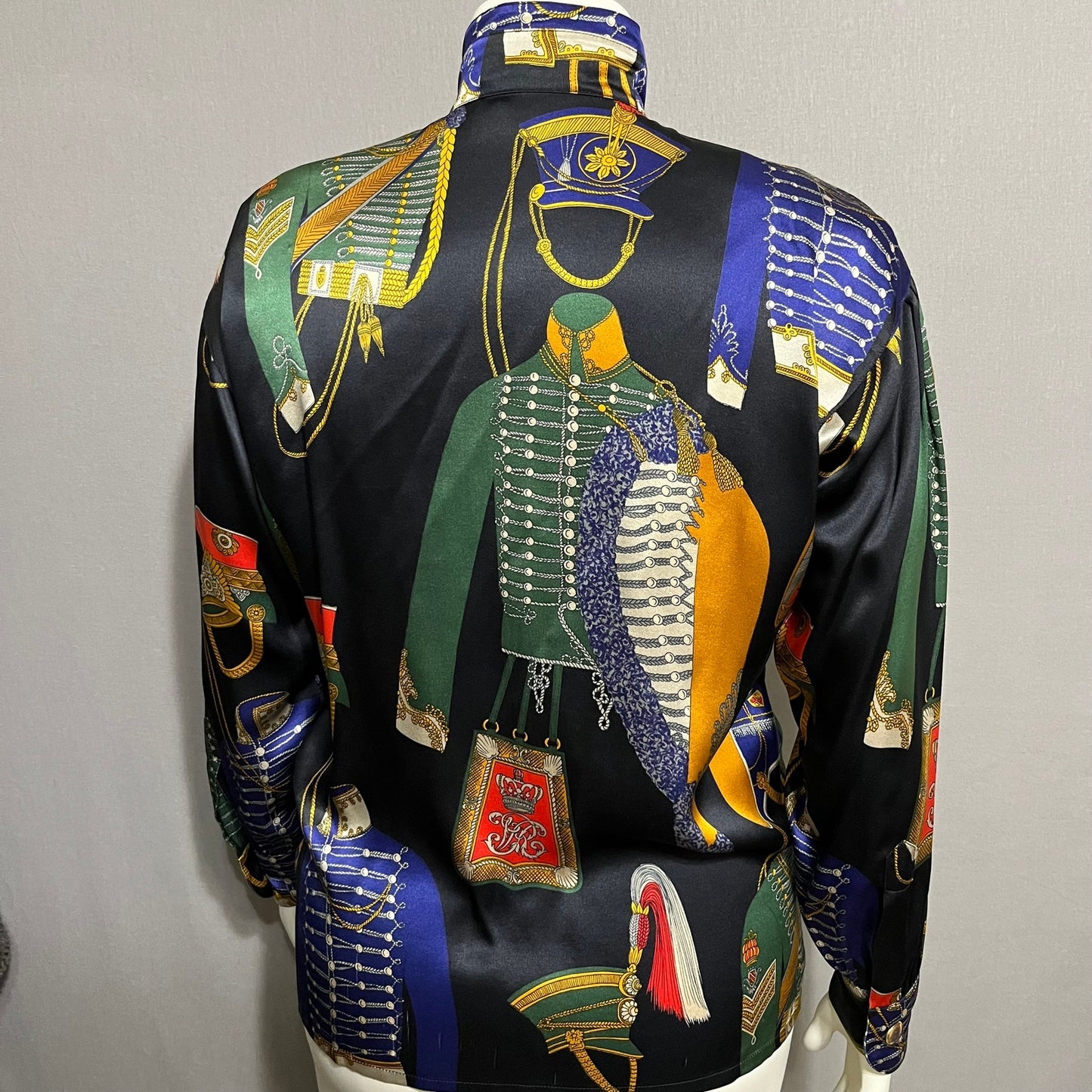 Vintage RARE Escada Military Print 100% Silk Art To Wear 100% Silk Blouse Sz-38