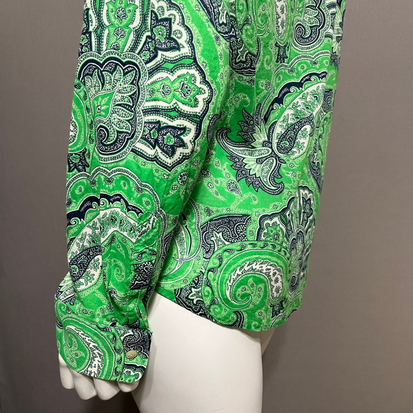 Lauren Ralph Lauren  Green Paisley Lightweight 100% Cotton Button Front Shirt Sz-Large