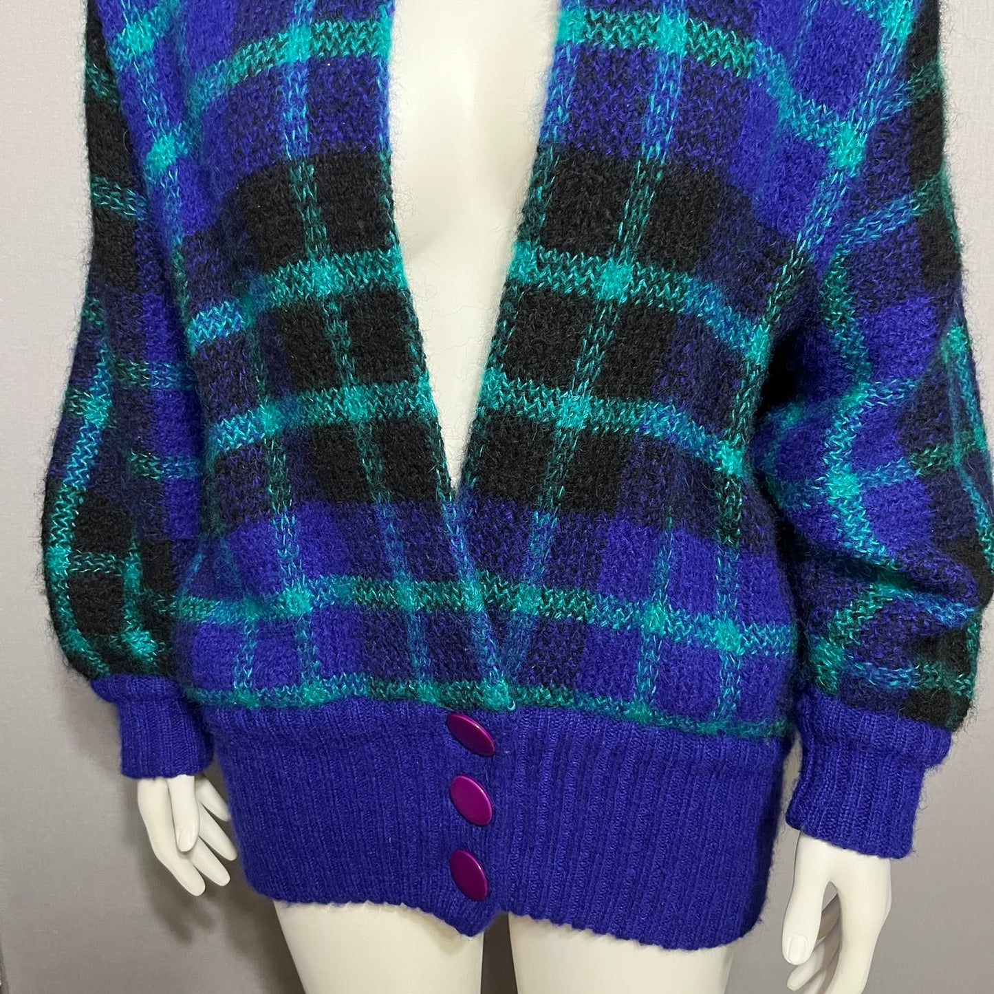 I.B Diffusion Plaid Chunky Knit Wool Mohair Cardigan Sweater Sz-Medium