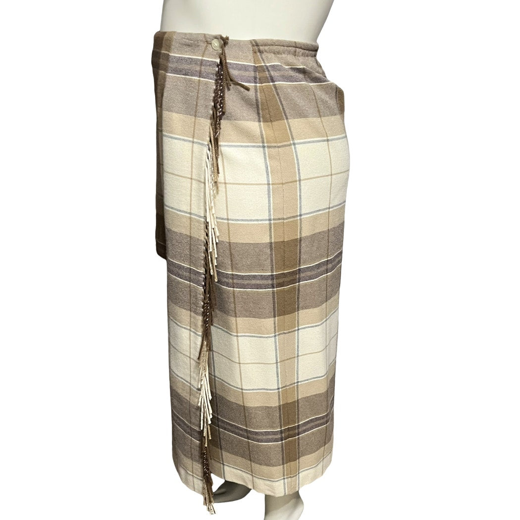 Talbots 100% Lambswool Plaid Wrap Quilted Brown Cream Skirt Sz-14W