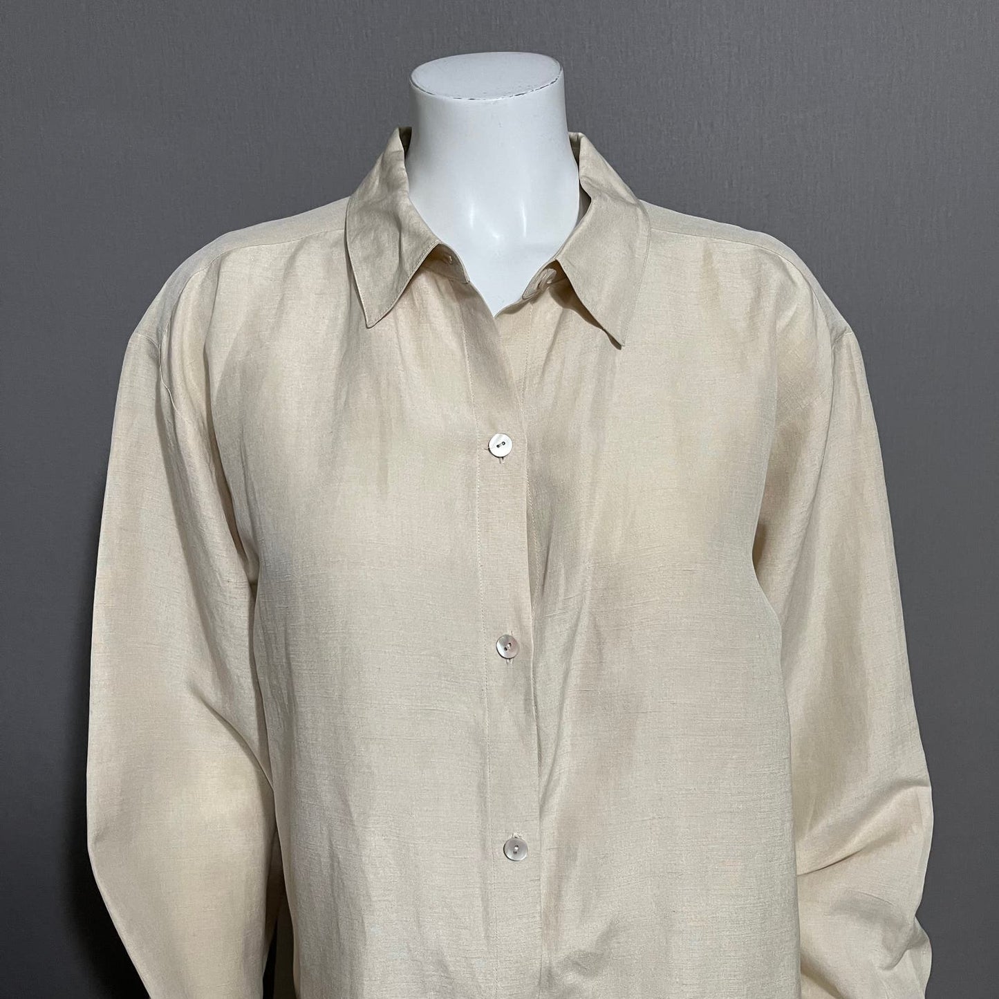 Eileen Fisher Tan Linen & Silk Blend Button Front Shirt Sz-Large