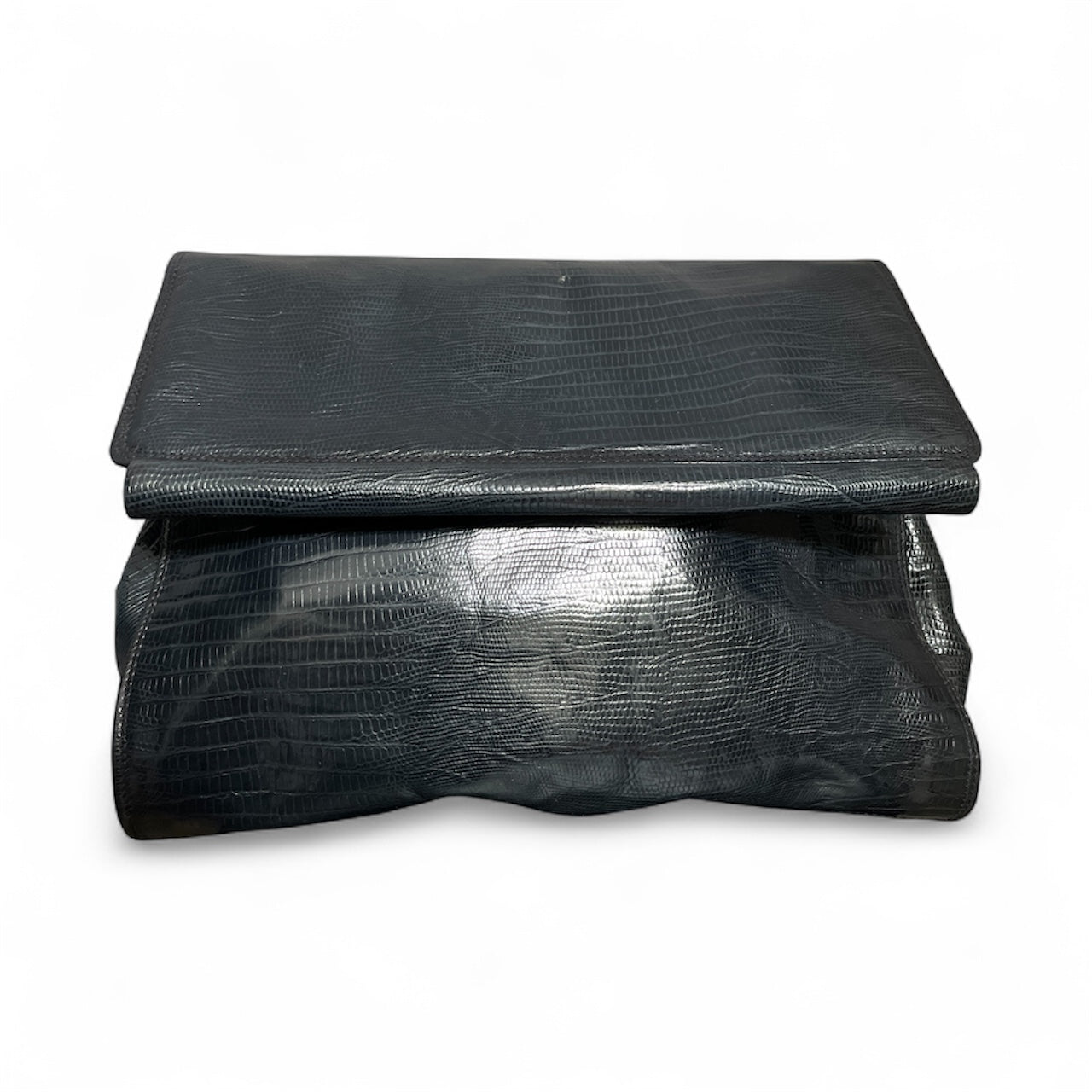 Neiman Marcus Navy Crocodile Print Italy Fold Over Clutch Handbag