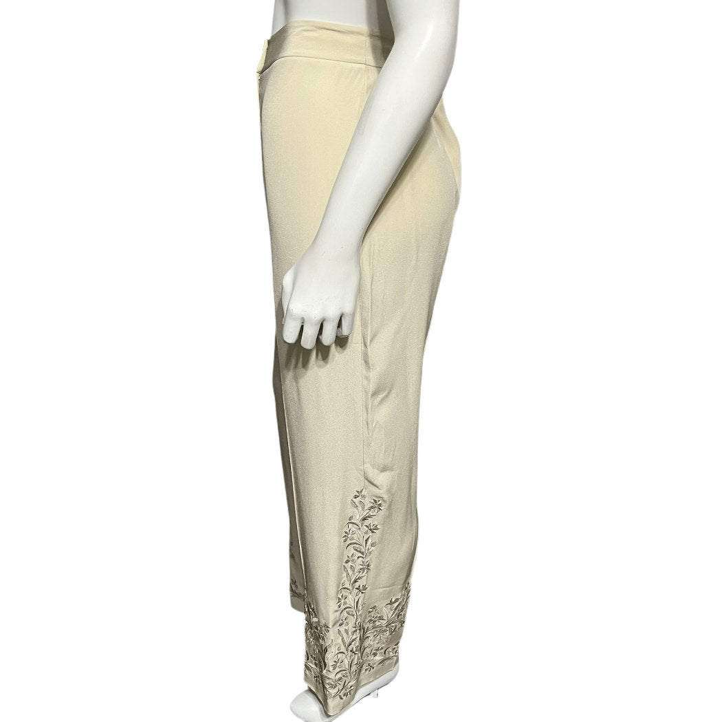 Rena Rowan Crème Silk Blend Embroidered Hem Trouser Pants Sz-6