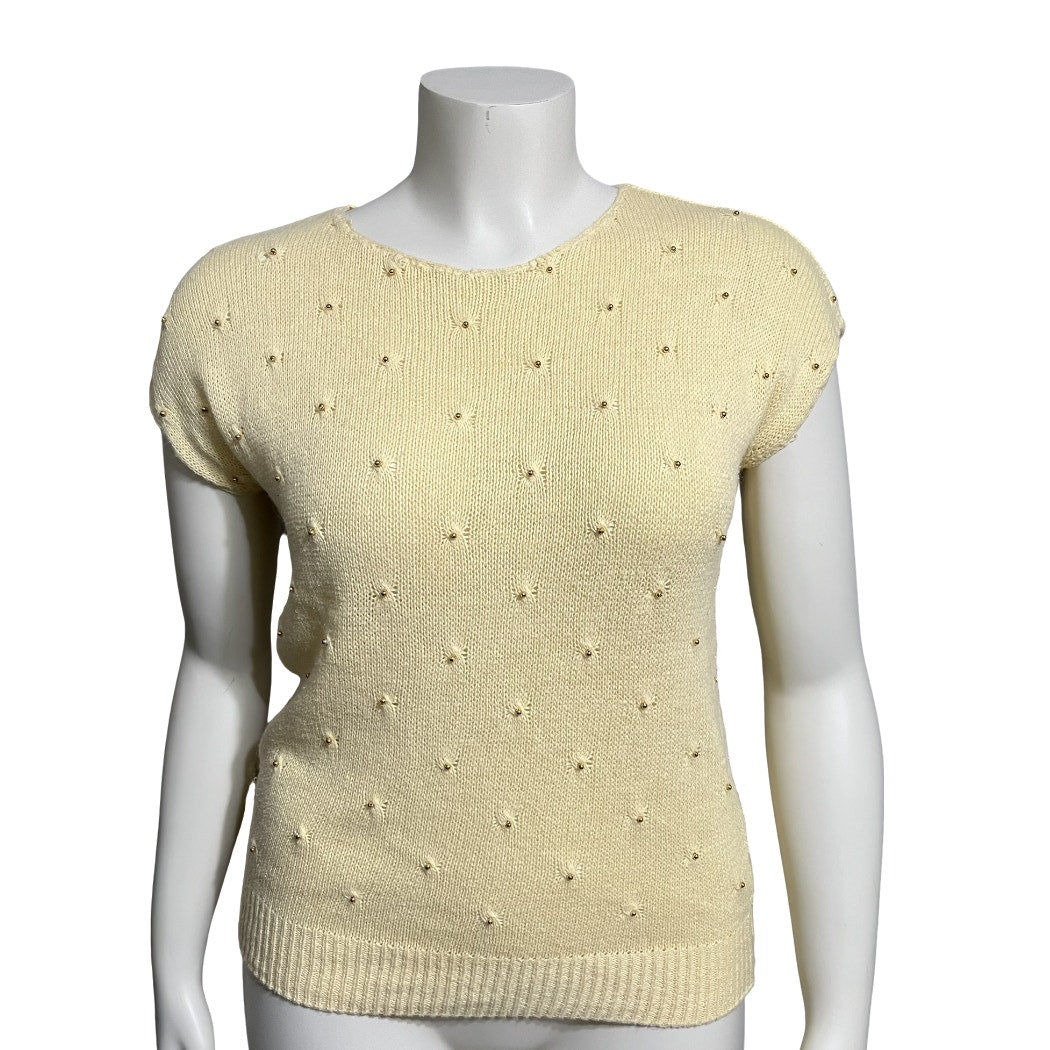 Career Connection Airy Yellow Pearl Beaded Cap Sleeve Pullover Sweater Sz-Large