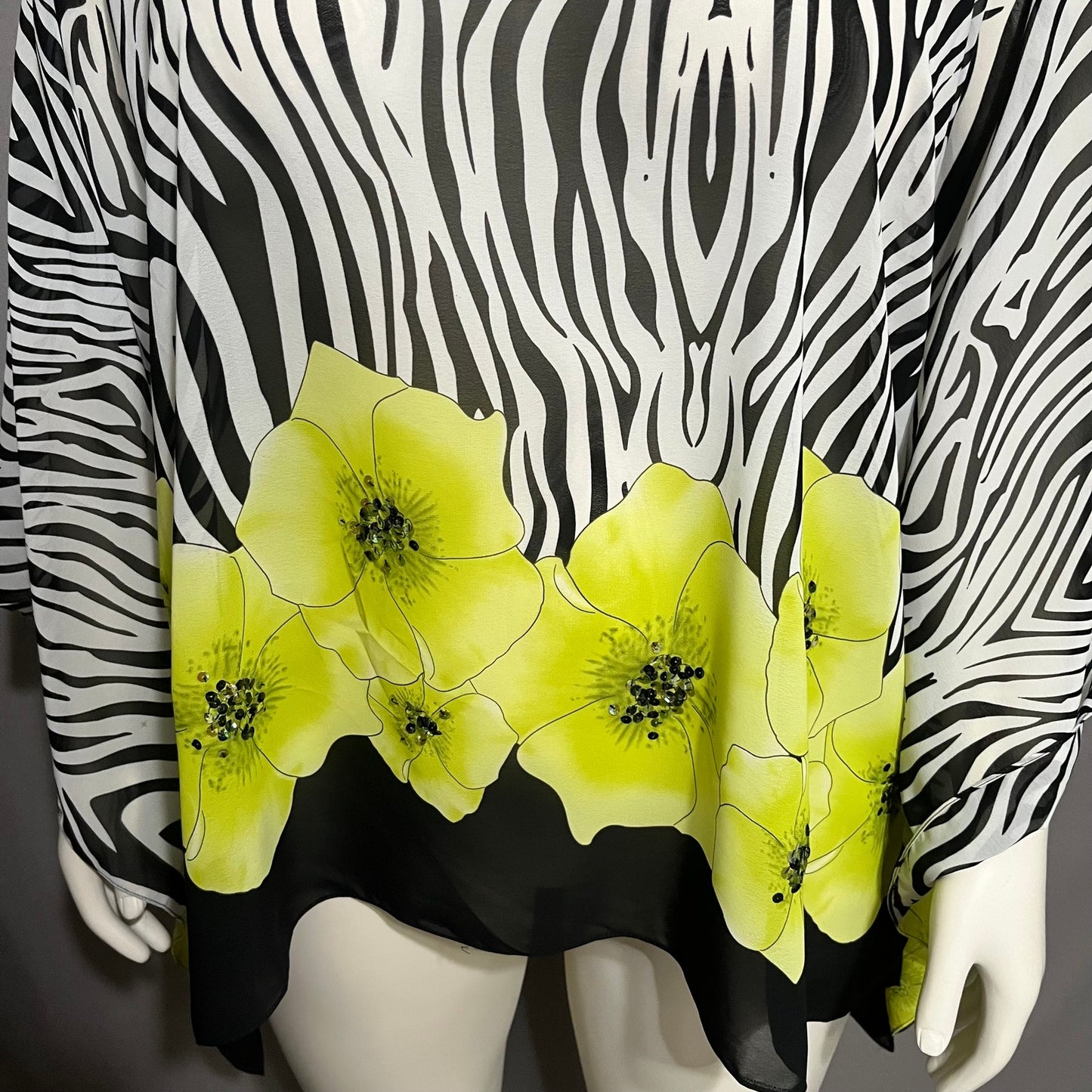 Diane Gilman Zebra Lime Floral Print Sheer Pullover Poncho Sz-XS-XL