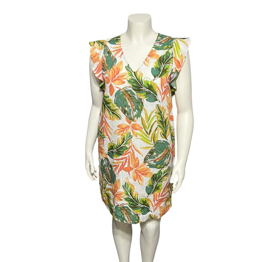 Nicole Miller Beachy 100% Linen Floral V-Neck Shift Dress Sz-Large