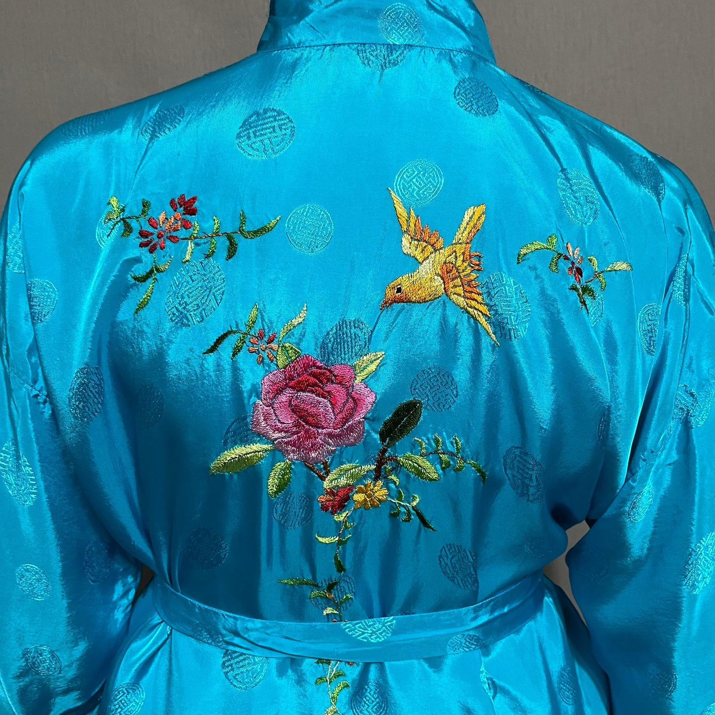 Vintage Golden Bee Embroidered Bird Print Turquoise Robe Sz-Medium/Large