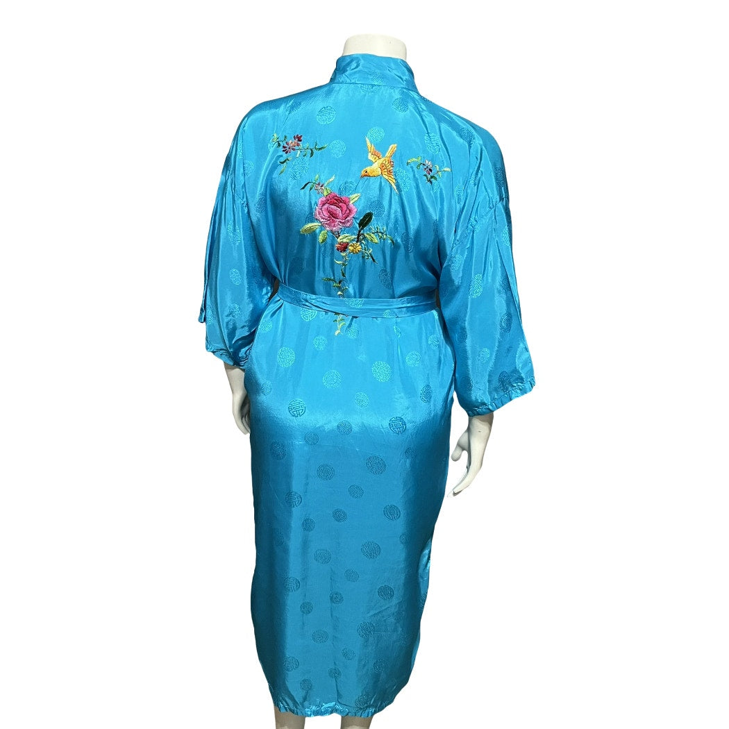 Vintage Golden Bee Embroidered Bird Print Turquoise Robe Sz-Medium/Large