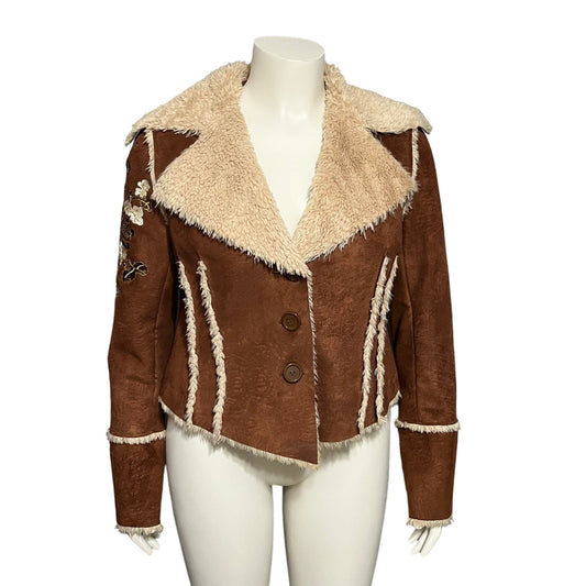 Candies Suede Embroidered Sleeve Faux Fur Cropped Jacket Sz-Lg/XL