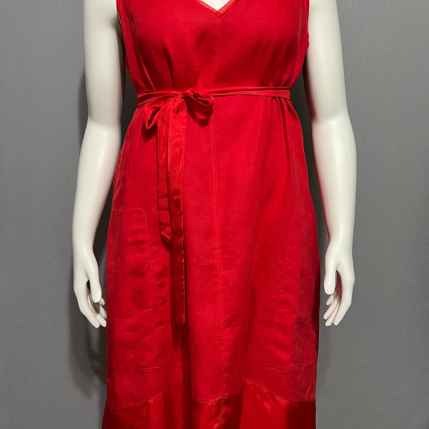 Sundance Red 100% Linen V-Neck Flare With Silk Trim Tie Dress Sz-Large