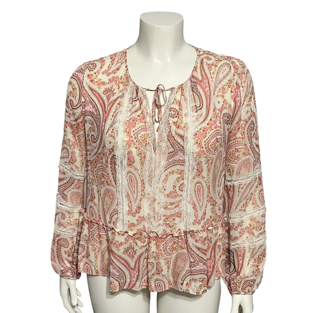 BCBG Sheer Peasant Boho Paisley Print Long Sleeve Blouse Sz-Large