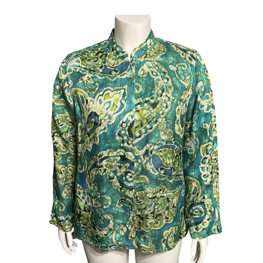 Laura Ashley Green Paisley Print Silk Linen Blend Lightweight Jacket Sz-Large