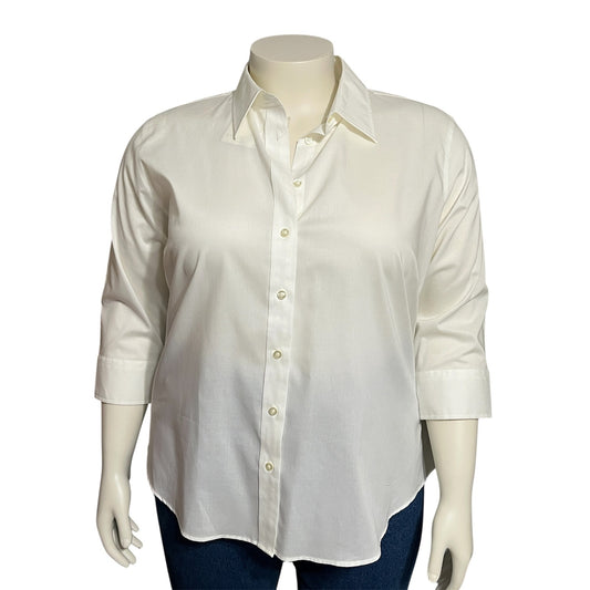 Lady Hathaway White Cotton Button Front Shirt 3/4 Sleeve Sz-XXL