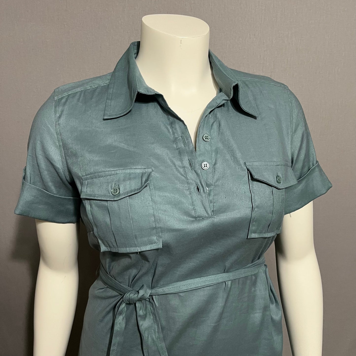 Apostrophe Green Half Button Tie Linen/Cotton Blend Waist Midi Shirt Dress Sz-12