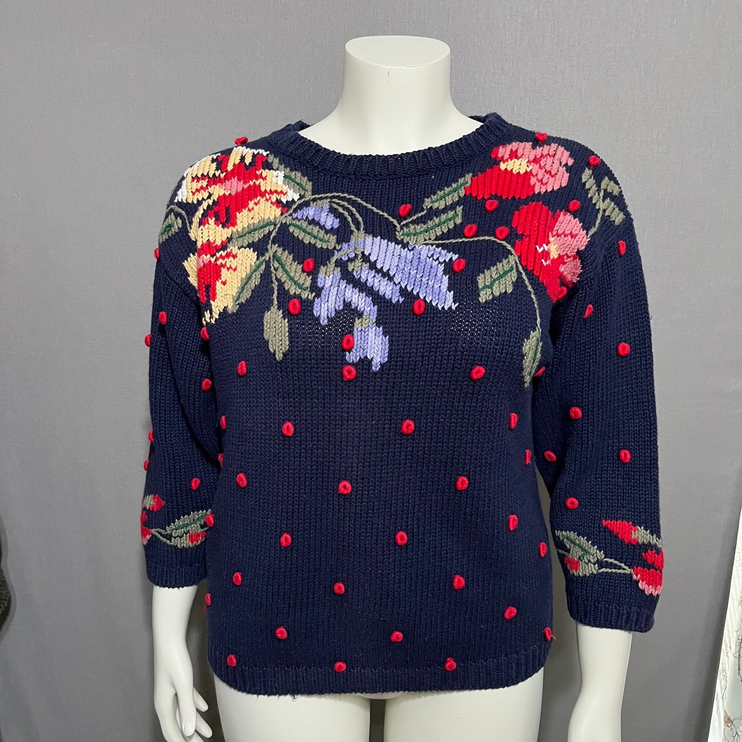 Vintage Jennifer Reed Navy Cherry Red Floral Embroidered Artsy Sweater Sz-Medium