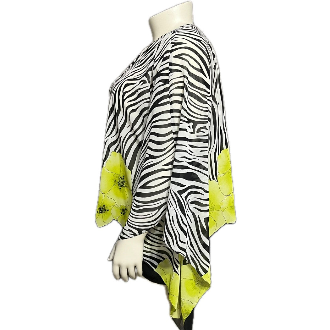 Diane Gilman Zebra Lime Floral Print Sheer Pullover Poncho Sz-XS-XL