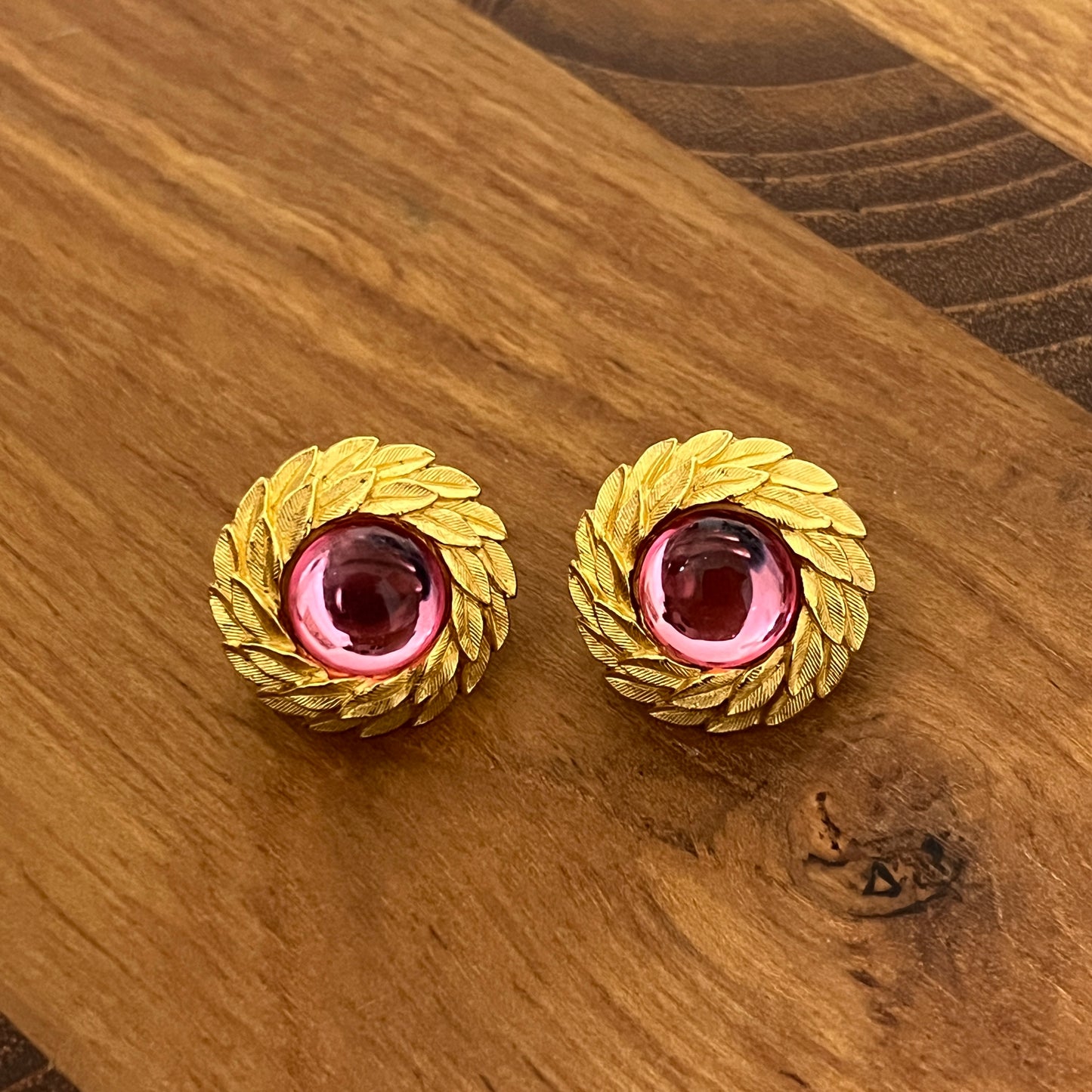 Trifari Gold and Pink Stud Clip On Earrings